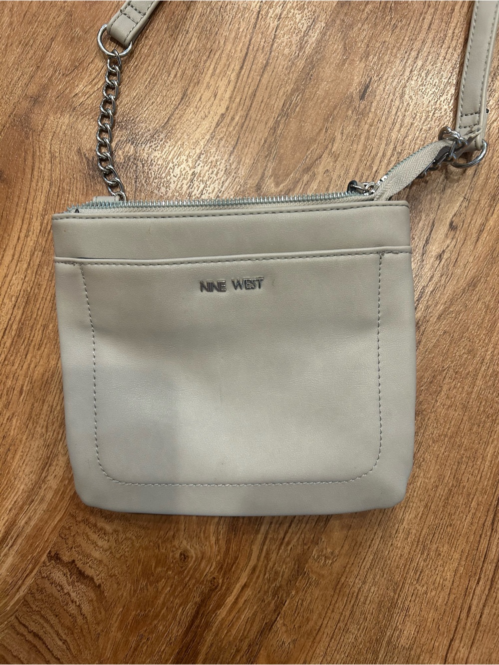 Nine West Light Gray Leather Crossbody with Chain Accent